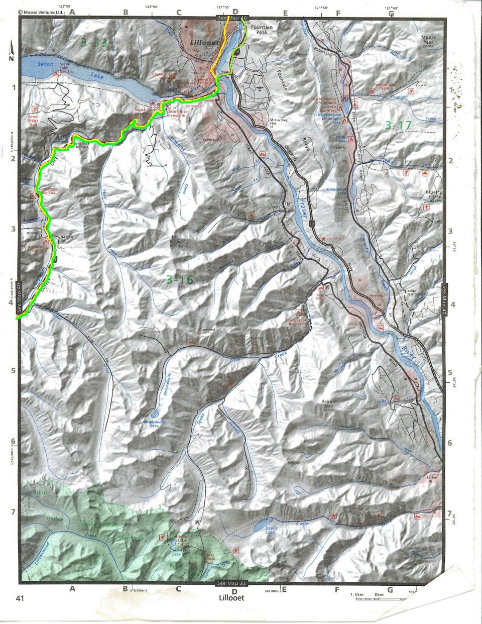 Topographic map of Lillooet, BC, Canada
