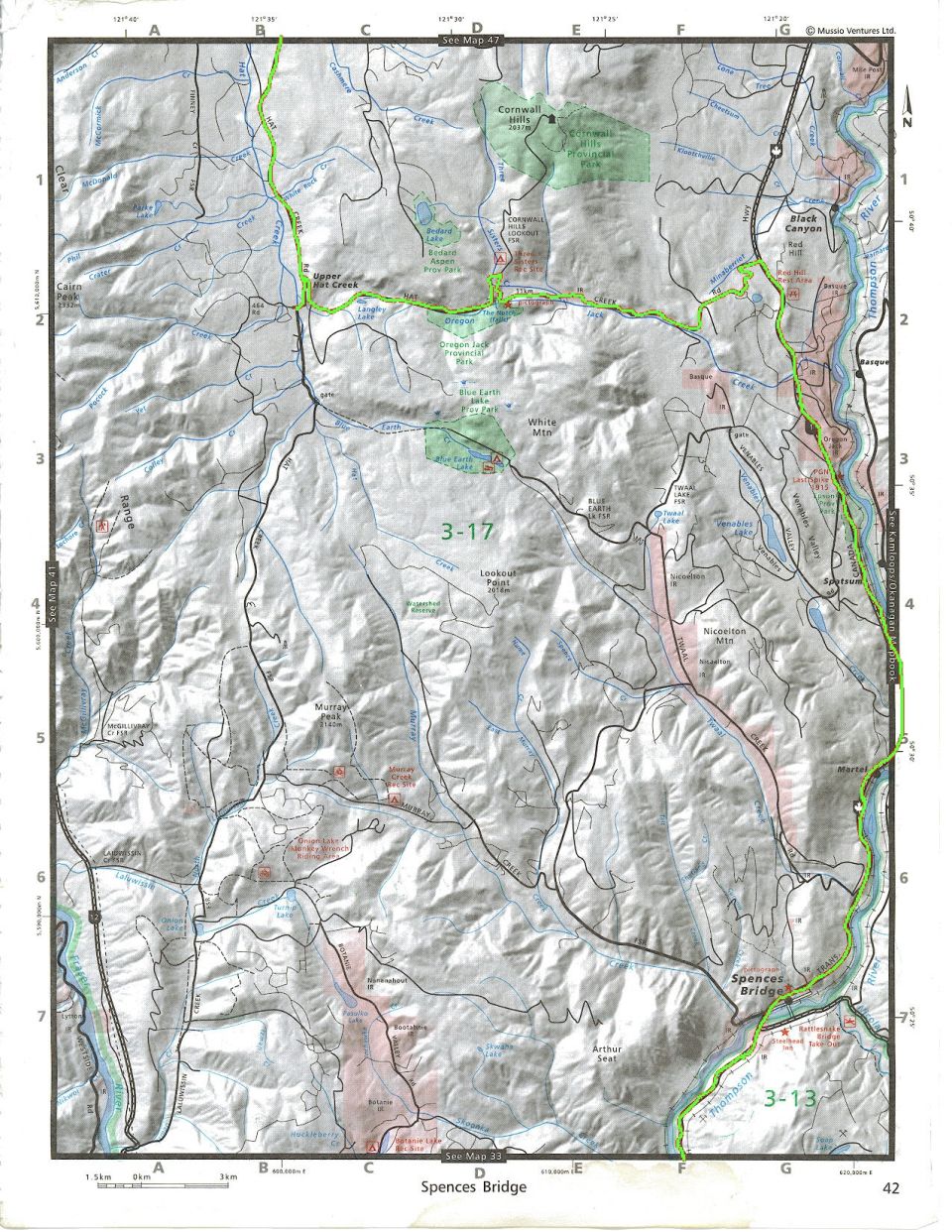 Topographic map of Spences Bridge area with roads, rivers, and mountains.