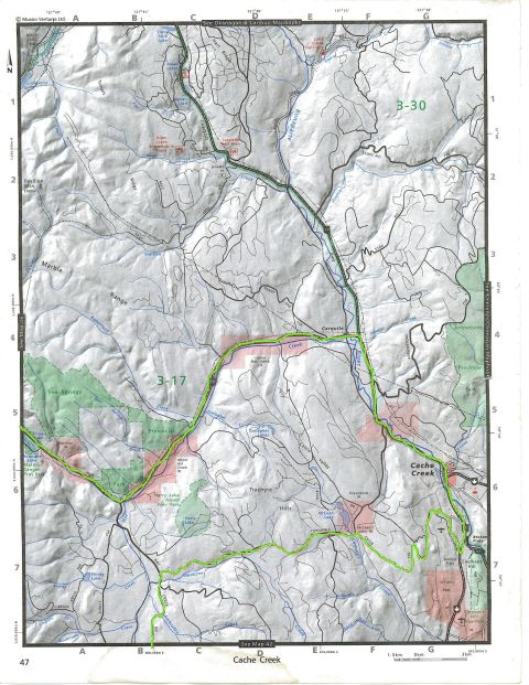 Map of Cache Creek, British Columbia showing roads, rivers, and geographical features.