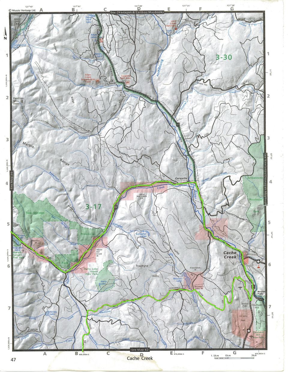 Map of Cache Creek, British Columbia showing roads, rivers, and geographical features.