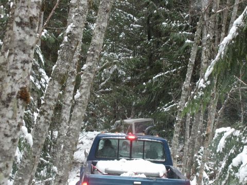 Blue pickup truck and white SUV on a snowy forest road.