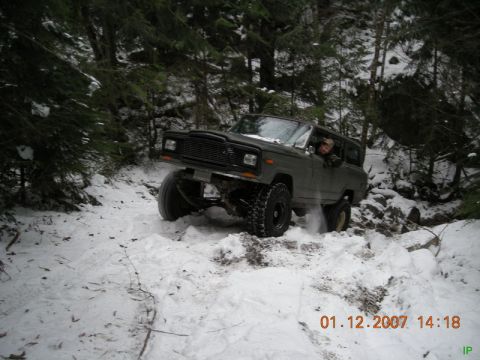 Dark SUV driving on a snowy wooded trail.