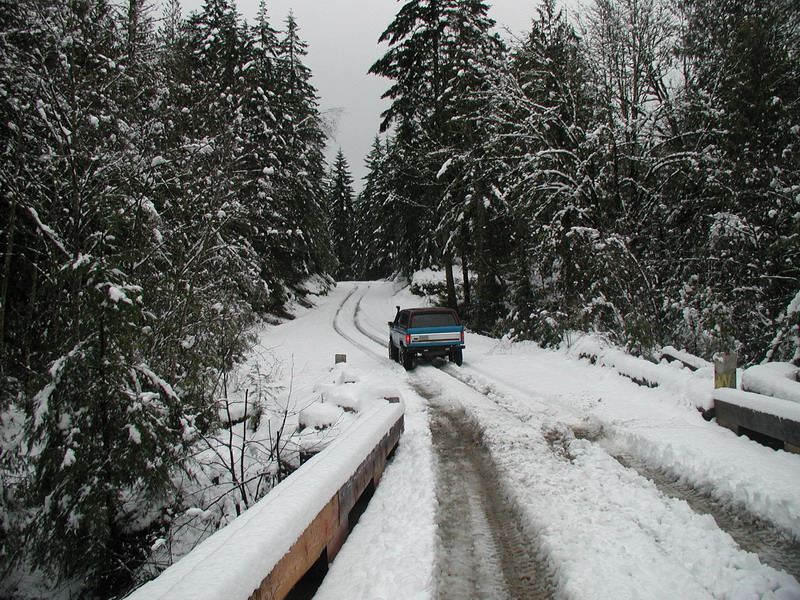 Blue Ford Bronco driving on a snowy forest road.