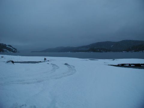 Snowy landscape with tire tracks and water.