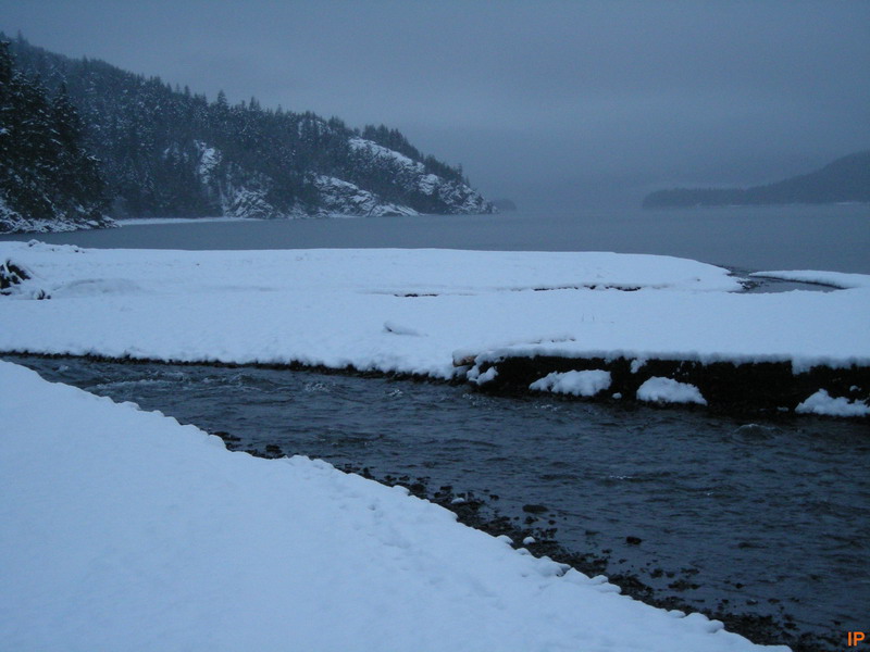 Snow-covered landscape with a stream flowing into a bay.
