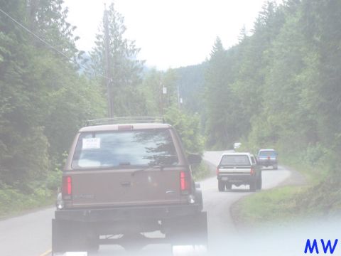 1985 Ford Bronco - The rear of a brown SUV is visible in the foreground, driving on a paved road surrounded by trees. Several other vehicles are ahead on the…
