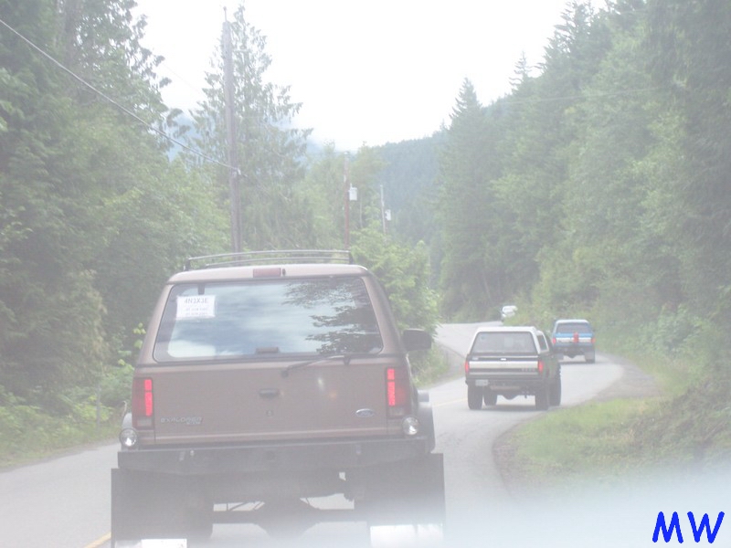 Brown SUV driving on a road through a forest, with other vehicles ahead.