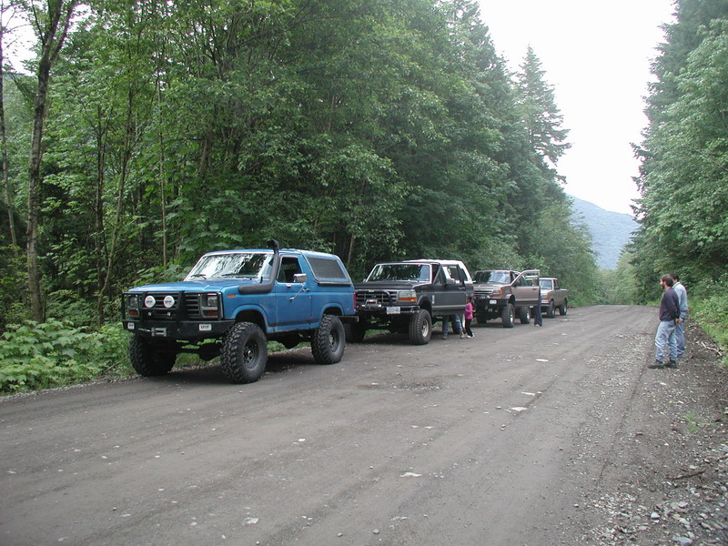 Line of lifted off-road vehicles on a forest road, including a blue Ford Bronco.