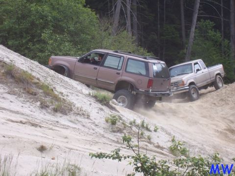 Brown Ford Explorer and beige Ford pickup truck off-roading up a sand dune.