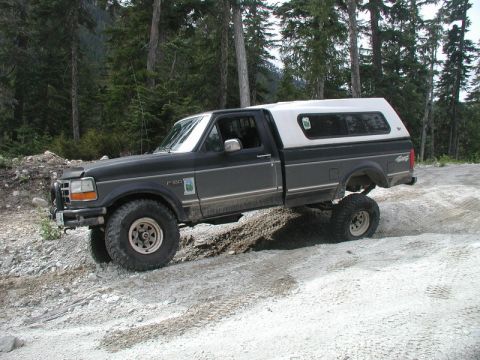 Dark gray Ford F-150 pickup truck with white camper shell on a dirt road.