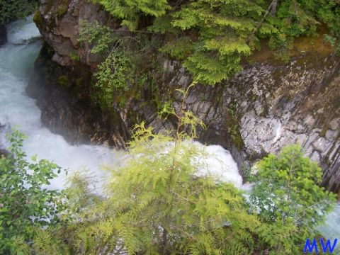 River flowing through a rocky gorge with trees.