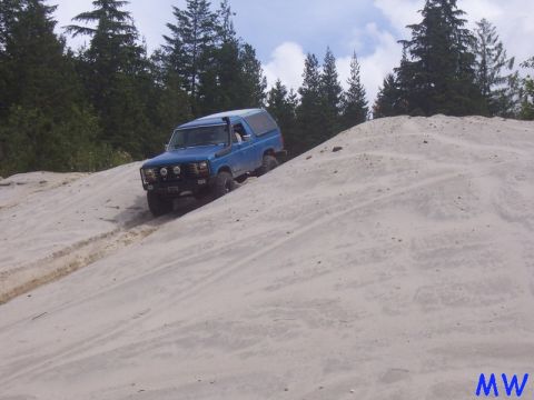 Blue Ford Bronco driving up a sand dune with trees in the background.