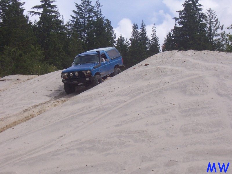 Blue Ford Bronco driving up a sand dune with trees in the background.