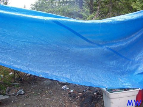 Blue tarp covering an outdoor area with debris on the ground.