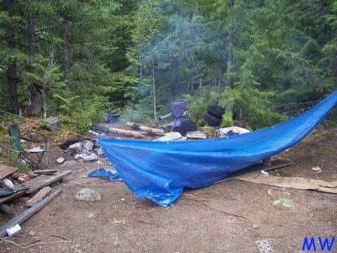 Campsite in a forest with a blue tarp, fire pit, and chairs.