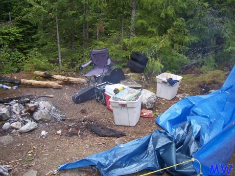 Forest campsite with camping gear, including a blue tarp, chairs, coolers, and a guitar case.
