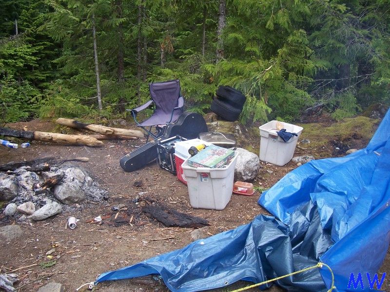Forest campsite with camping gear, including a blue tarp, chairs, coolers, and a guitar case.