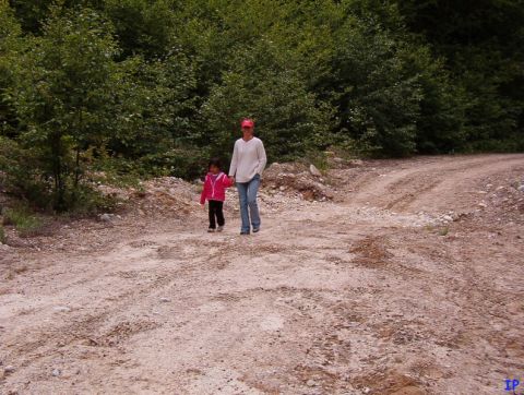 A woman and a young child walk on a dirt road in a wooded area.