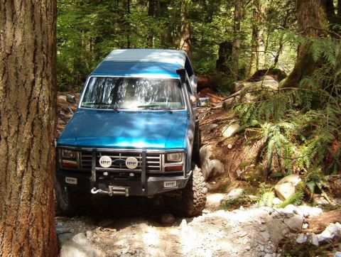 Blue 1980s Ford Bronco off-roading on a rocky forest trail.