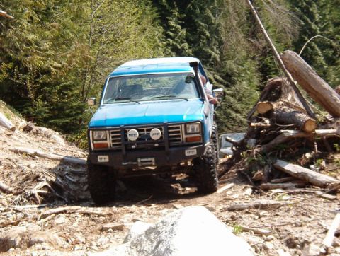 Blue Ford Bronco off-roading on a dirt trail with fallen trees.