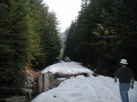 SUV on a snow-covered road in a forest with a person walking away.
