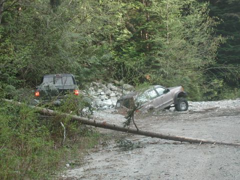 Stuck tan SUV and a pickup truck on a rocky path with a fallen tree.