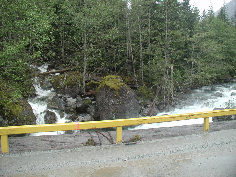 A river flowing through a forest with a yellow guardrail.