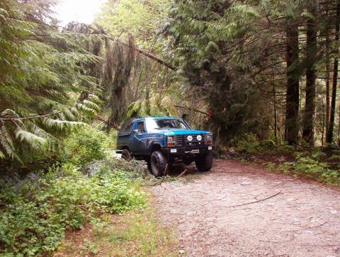 Blue Ford Bronco on a forest road with off-road tires and winch.