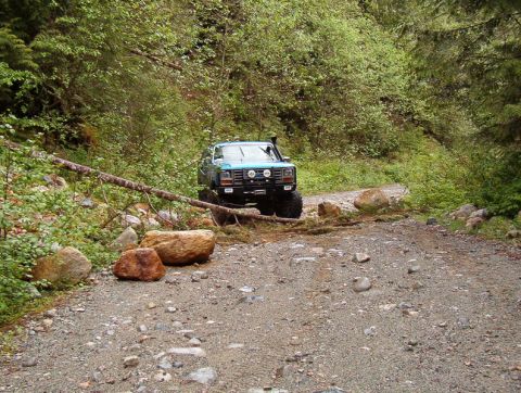 Blue 1980s Ford Bronco with large tires and snorkel on a wooded gravel road, blocked by a fallen tree.
