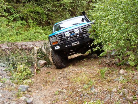 Blue 1980s Ford Bronco off-roading on a dirt trail with trees and brush.