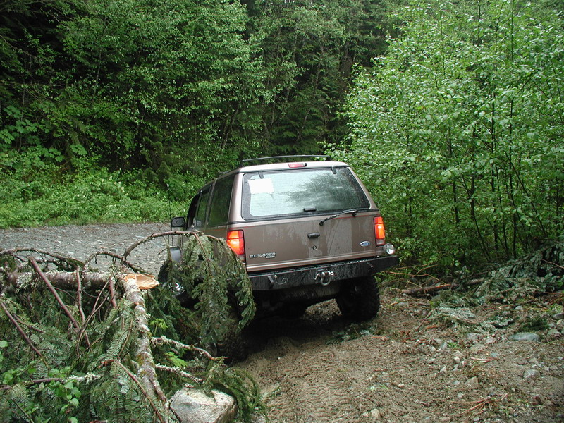 Brown Ford Explorer on a muddy trail with a fallen tree.