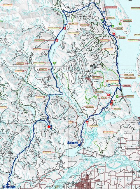 Topographic map with a marked route, start, and finish points.