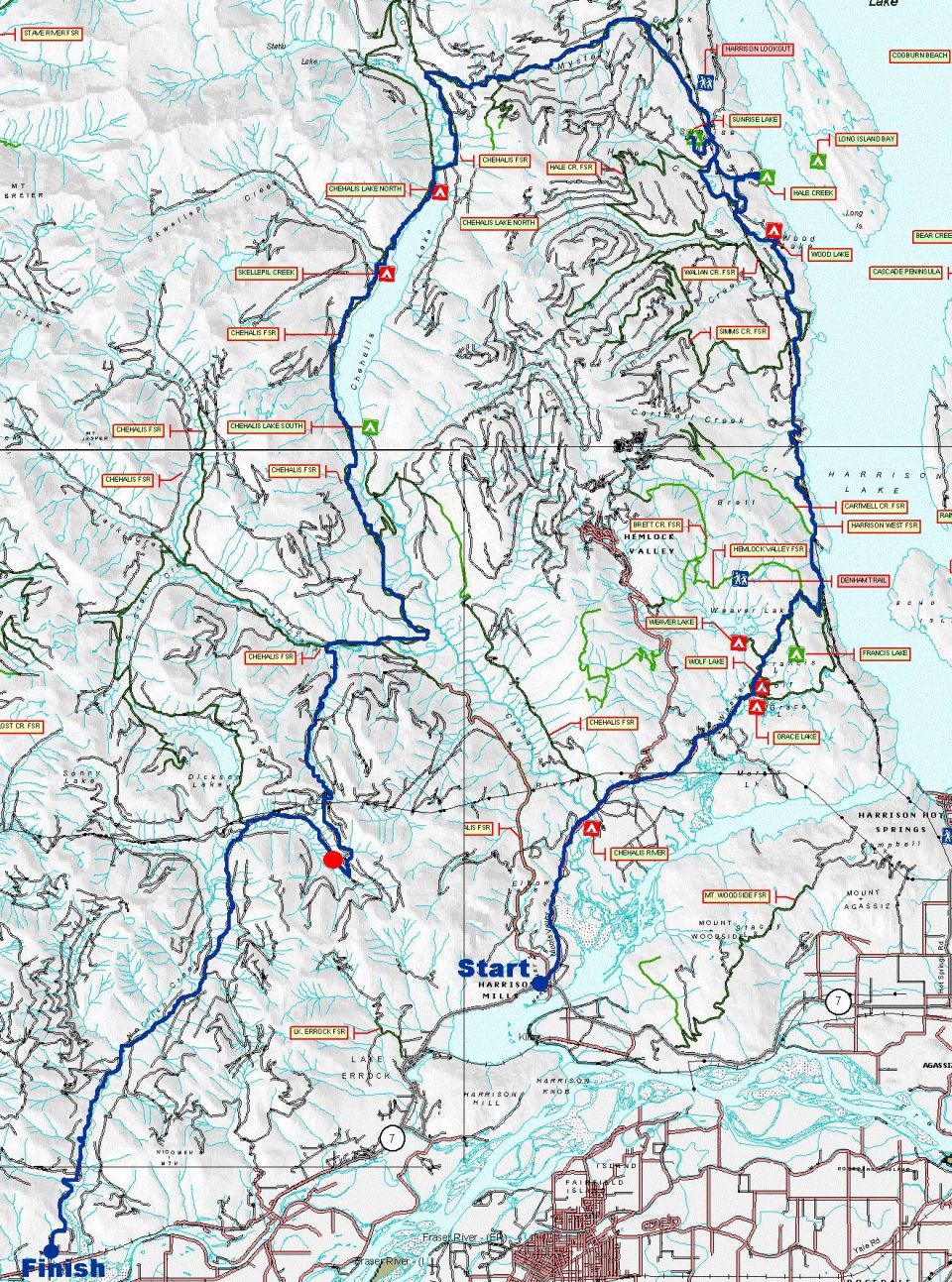 Topographic map with a marked route, start, and finish points.
