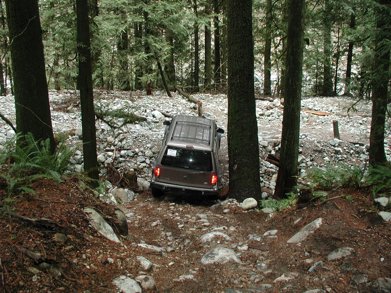 Brown SUV driving on a rocky, wooded trail.