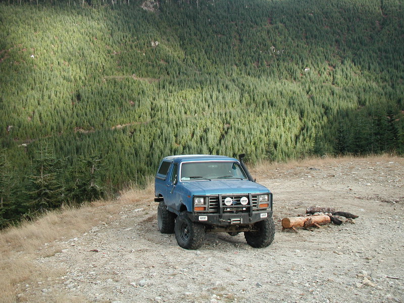 Blue 1980s Ford Bronco parked on gravel with forest background.