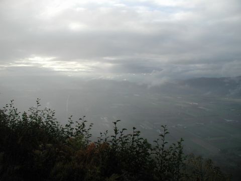Overcast valley view with sun breaking through clouds and silhouetted foliage in foreground.