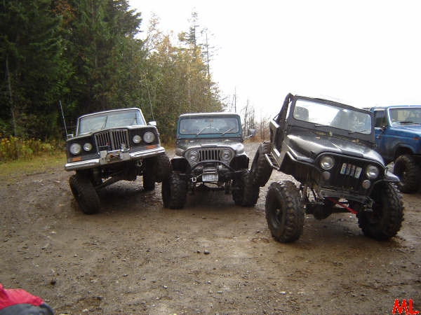 Three modified Jeeps parked on a dirt path in a wooded area.