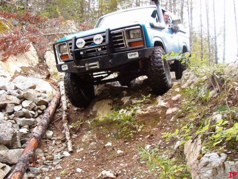 Blue 1980s Ford pickup truck off-roading on a steep, rocky trail with logs.
