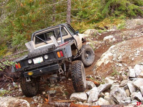 Tan pickup truck with flatbed and roll cage on a rocky, wooded trail.
