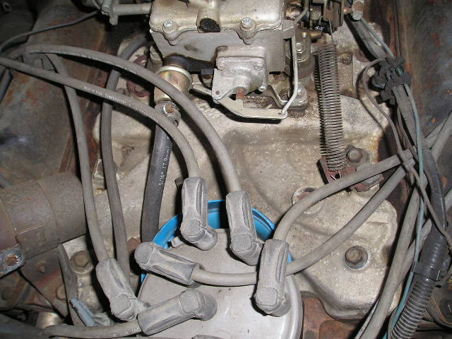 Engine bay view of distributor, spark-plug wires and a blue ignition coil