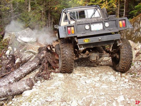 Rear view of a lifted pickup truck on a rocky trail next to a fallen tree with smoke.