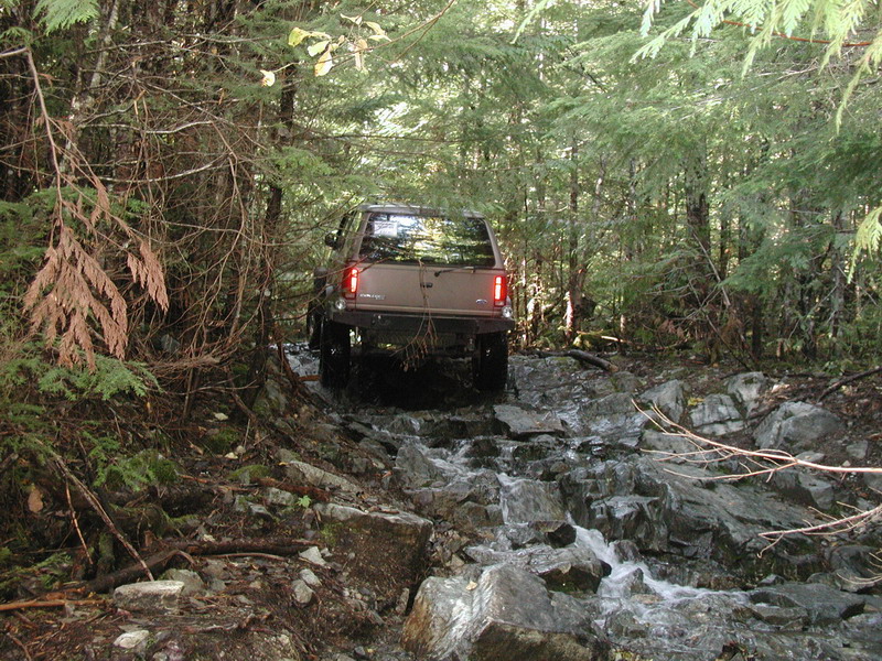 Brown SUV driving through a rocky stream in a forest.