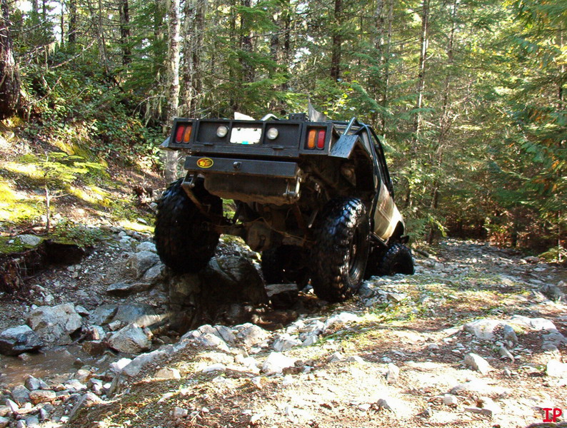 Rear view of a lifted 4x4 truck with a flatbed on a rocky trail in a forest.