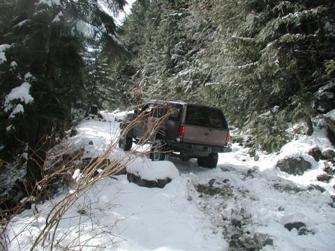 1985 Ford Bronco - A tan SUV navigates a snow-covered, rocky trail through a dense evergreen forest.
