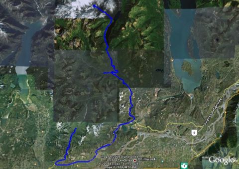 1985 Ford Bronco - A satellite image shows a blue line tracing a route through mountainous terrain and valleys, with a highway visible in the lower right corn…