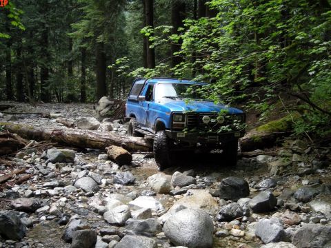 1985 Ford Bronco - A blue Ford Bronco navigates a rocky, forested stream bed, with a large fallen log in the foreground.