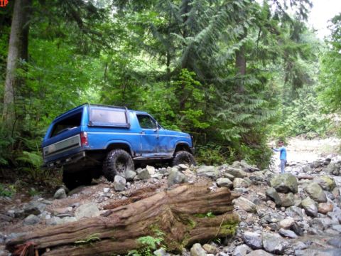 1985 Ford Bronco - A blue 1980s Ford Bronco is navigating a rocky, wooded trail with a large fallen log in the foreground. A person stands to the right, obser…