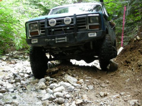 1985 Ford Bronco - A blue Ford Bronco is navigating a rocky, wooded trail, with its front tire climbing a dirt embankment. The vehicle features a heavy-duty f…