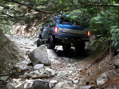 1985 Ford Bronco - The rear of a blue Ford Bronco is navigating a rocky, wooded trail. The vehicle is angled to the right, with its brake lights illuminated.