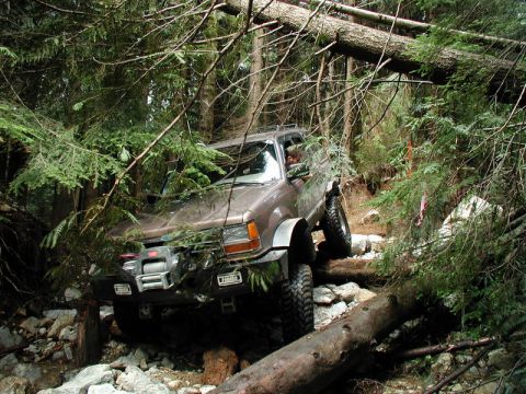 1985 Ford Bronco - A brown SUV navigates a rocky, wooded trail with fallen trees blocking the path. The vehicle is equipped with a winch and off-road tires.